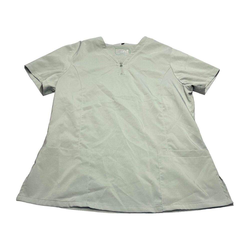 Mint Scrub Top Women Large Green Polyester Stretch Pocket Side Slit Short Sleeve